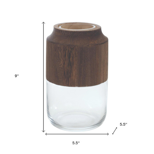 9" Brown And Clear Glass Round Table Vase With Wood - 880024741215