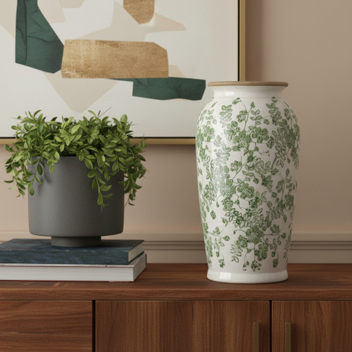 12" Green And White Leaf Ceramic Round Table Vase - 880024704203