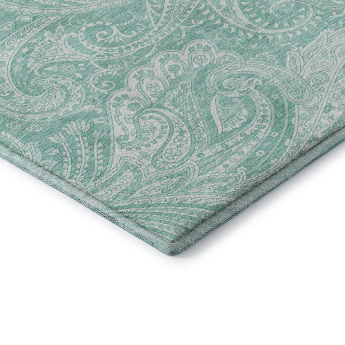 8' Teal And Ivory Paisley Washable Round Rug With UV Protection - 880024965420