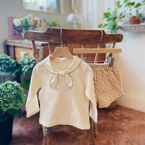 Baby Girl Solid Color Bow Tie Design Pullover Long Sleeve Tops - 643491108000