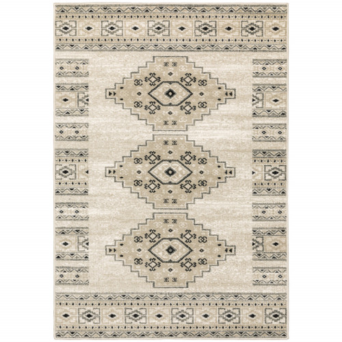 Homeroots Home Decor Southwestern Power Loom Stain Resistant Area Rug, Ivory Grey Black and Ivory, 10' x 13'