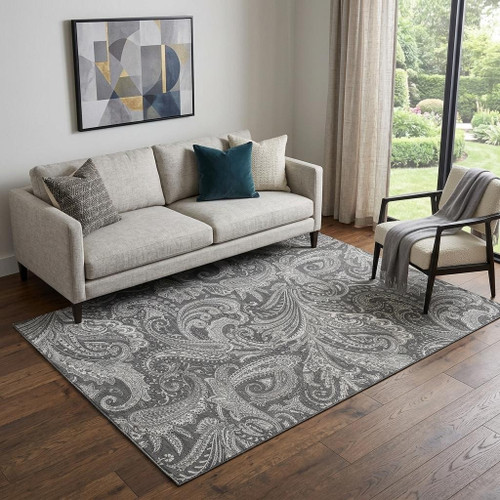 5' X 8' Gray And Ivory Paisley Washable Area Rug With UV Protection - 880016696561