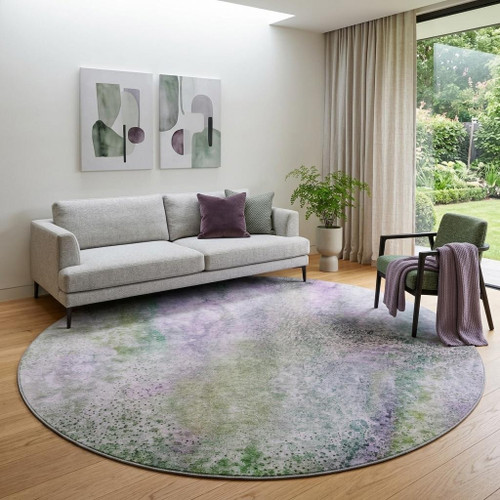 8' Purple And Green Abstract Washable Round Rug With UV Protection - 880024622750