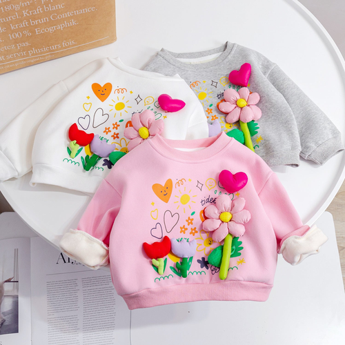 Baby Girl Flower Patched Pattern Thickened Autumn Hoodies - 643491109946