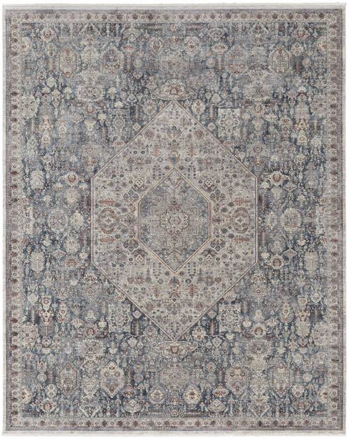 10' X 13' Blue And Ivory Floral Power Loom Stain Resistant Area Rug - 606114136255