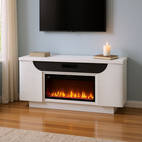 76" White Ribbed Wood Electric Storage Cabinet Fireplace With LED And Speaker - 880016818222