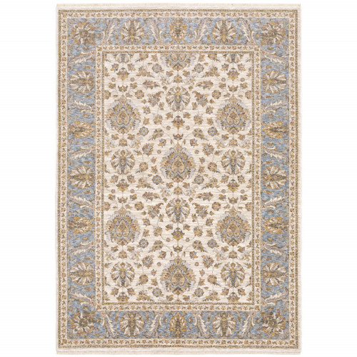 Homeroots Home Decor 10' x 13' Ivory and Blue Oriental Power Loom Stain Resistant Area Rug with Fringe