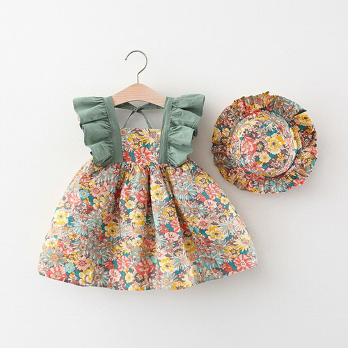 Baby Girl Flower Pattern Butterfly Sleeve Design Cute Dress With Hat - 716252332089