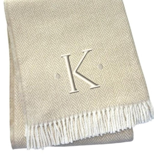 Herringbone Cotton Blend K Initial Throw Blanket with Tassels And Embroidery - 880016559484