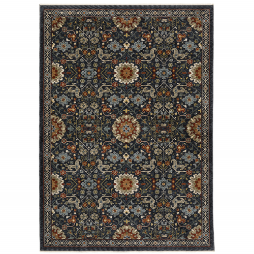 8' X 11' Blue Ivory And Red Oriental Area Rug With Fringe