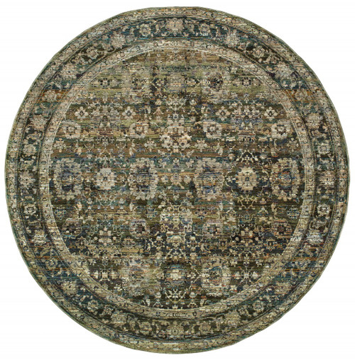 Homeroots Home Decor 7' Round Green and Brown Floral Area Rug, Round, Green and Brown