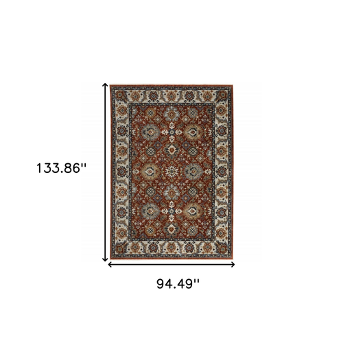 8' X 11' Red Ivory And Orange Oriental Area Rug With Fringe