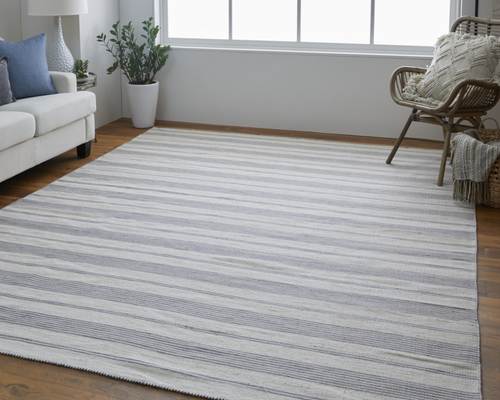 10' X 14' Gray And Ivory Striped Dhurrie Hand Woven Stain Resistant Area Rug