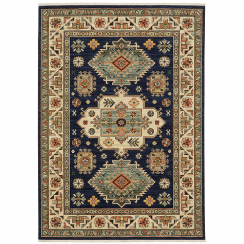 Homeroots Home Decor 10' X 13' Oriental Area Rug, Navy Charcoal Orange Rust Gold Pale Blue Olive Beige Salmon, Stain Resistant with Fringe