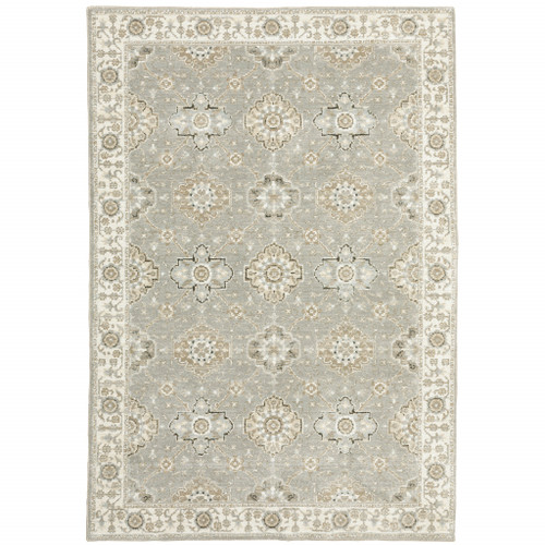 10' X 13' Grey Ivory Tan Brown And Gold Oriental Power Loom Stain Resistant Area Rug