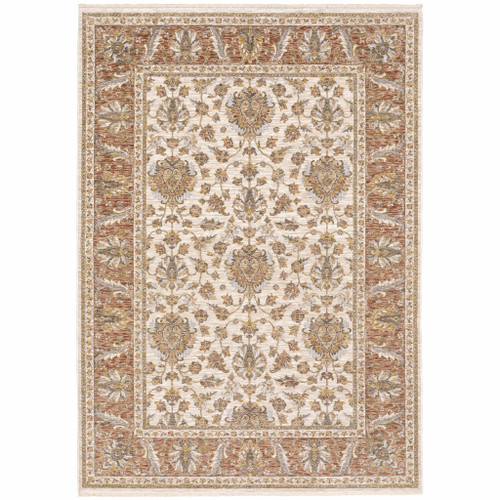 Homeroots Home Decor 10' x 13' Oriental Power Loom Stain Resistant Area Rug, Rust and Ivory, With Fringe