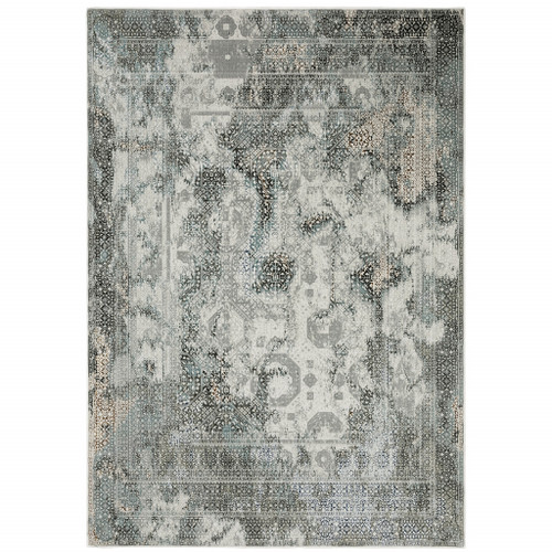 Homeroots Home Decor 10' x 13' Oriental Area Rug, Ivory Grey Charcoal Blue and Rust, Power Loom Stain Resistant