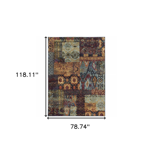 7' X 10' Blue and Gold Abstract Power Loom Area Rug