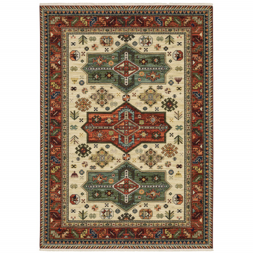 Homeroots Home Decor Oriental Area Rug, 6' x 9', Brick Red Orange Rust Beige Gold Pale Blue Olive Navy Black, Stain Resistant with Fringe