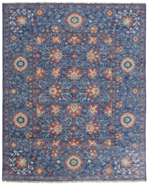 10' X 13' Blue And Red Wool Floral Hand Knotted Stain Resistant Area Rug
