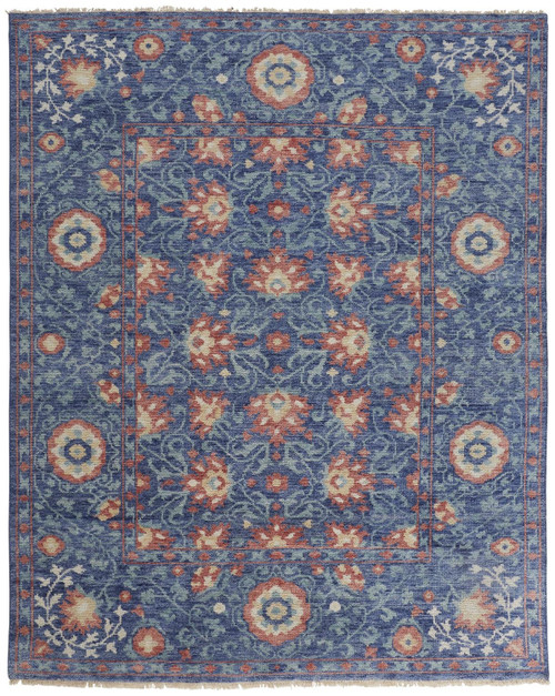10' X 13' Blue And Red Wool Floral Hand Knotted Stain Resistant Area Rug