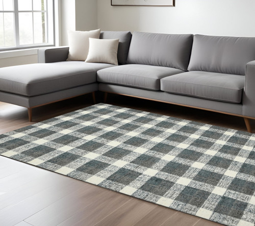 9' X 13' Dark Gray And Ivory Wool Plaid Hand Tufted Area Rug