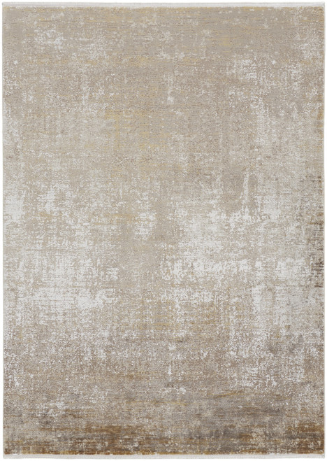 12' X 18' Taupe Ivory And Gold Abstract Power Loom Distressed Area Rug