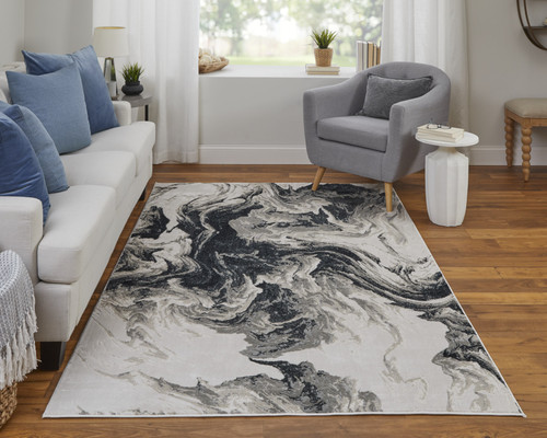 12' X 15' Ivory Black and Taupe Abstract Power Loom Area Rug