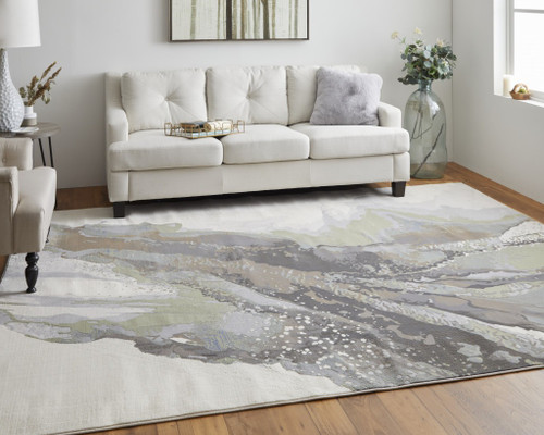 10' X 13' Green Purple And Ivory Abstract Area Rug