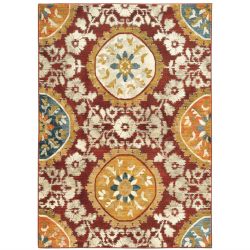 Homeroots Home Decor 10' x 13' Oriental Area Rug, Red Gold Teal Grey Ivory Blue, Power Loom Stain Resistant