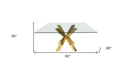 60" Clear and Gold Glass and Metal Cross Leg Base Square Dining Table