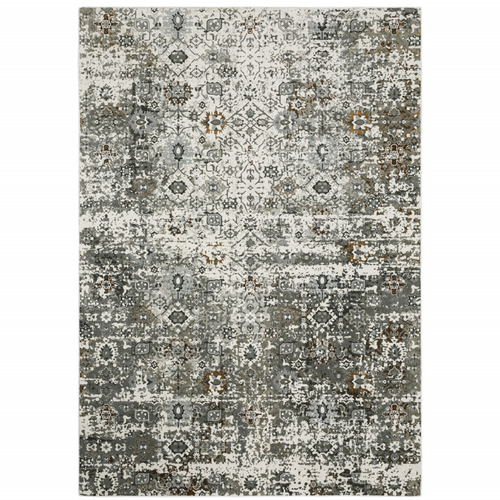 8' X 11' Ivory Grey Charcoal Rust Gold And Brown Oriental Power Loom Stain Resistant Area Rug