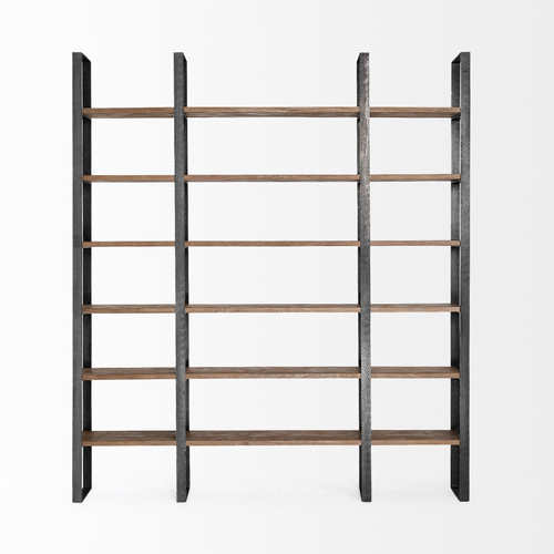 Brown Iron and Solid Wood Six Tier Bookcase