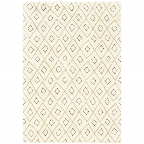 Homeroots Home Decor 10' x 13' Geometric Power Loom Area Rug, Sand Ash Grey and Ivory, Stain Resistant