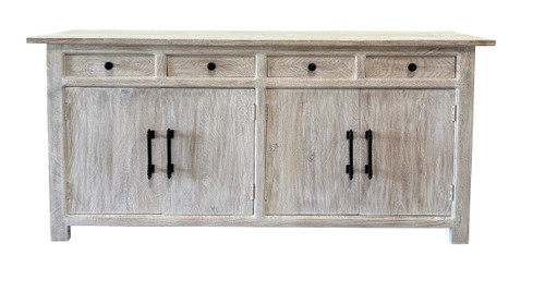 79" White Distressed Solid Wood Paneled Four Drawer Sideboard with Four Doors