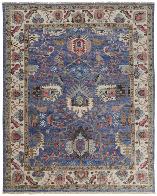 10' X 13' Blue And Red Wool Floral Hand Knotted Stain Resistant Area Rug
