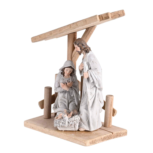 Nativity Holy Family In Wooden Creche8H
