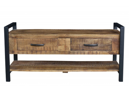 46" Natural and Black Metal Distressed Solid Wood Storage Bench with Drawers