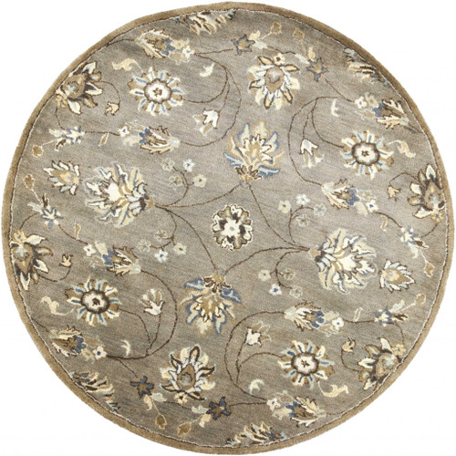 5' Gray Ivory And Brown Wool Floral Hand Tufted Round Rug