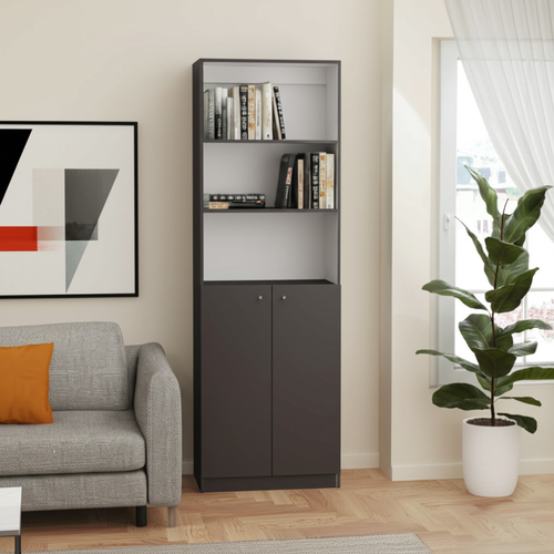 71" Gray And White Wood Three Tier Bookcase with Two Doors