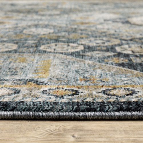 10' X 13' Blue Gold Ivory And Navy Oriental Power Loom Stain Resistant Area Rug With Fringe