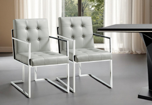Set of Two Tufted Light Gray and Silver Metallic Upholstered Faux Leather Dining Arm Chairs