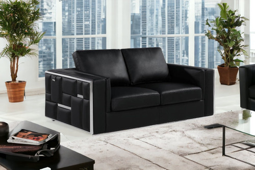 73" Black And Silver Metallic Top Grain Leather Loveseat