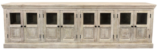 118" Antiqued White Distressed Solid Wood Sideboard with 8 Glass Doors