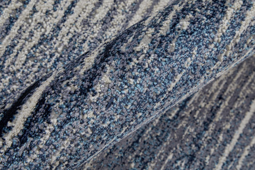 12' X 15' Blue Ivory And Gray Striped Distressed Area Rug