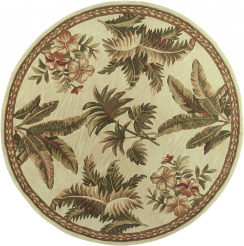 8' Ivory Hand Tufted Bordered Tropical Plants Round Indoor Area Rug