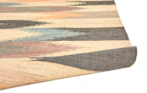 10' X 14' Tan Blue And Orange Geometric Dhurrie Flatweave Handmade Area Rug With Fringe