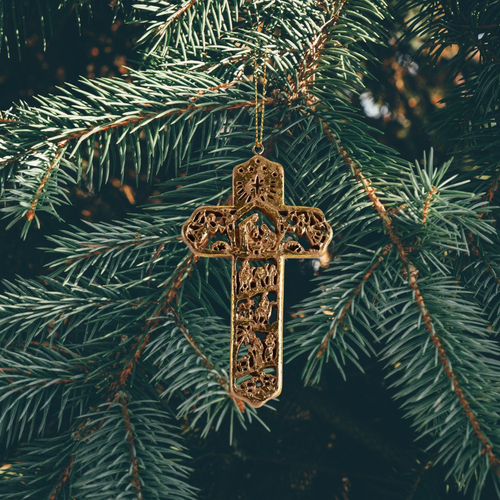 Ornament Nativity Cross Gold Resin 4H