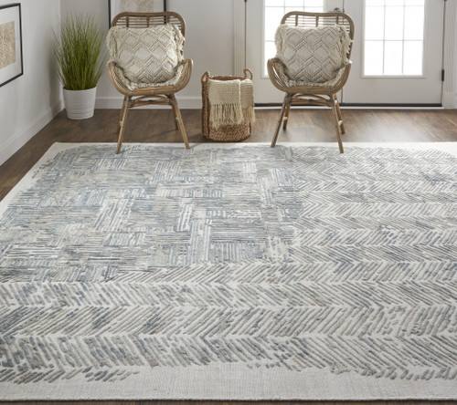 12' X 15' Green Blue And Ivory Abstract Hand Woven Distressed Area Rug