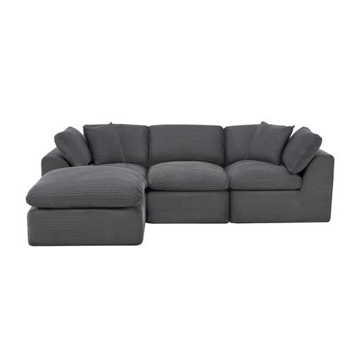 108" Dark Gray Corduroy Modular Sofa With Ottoman And Toss Pillows